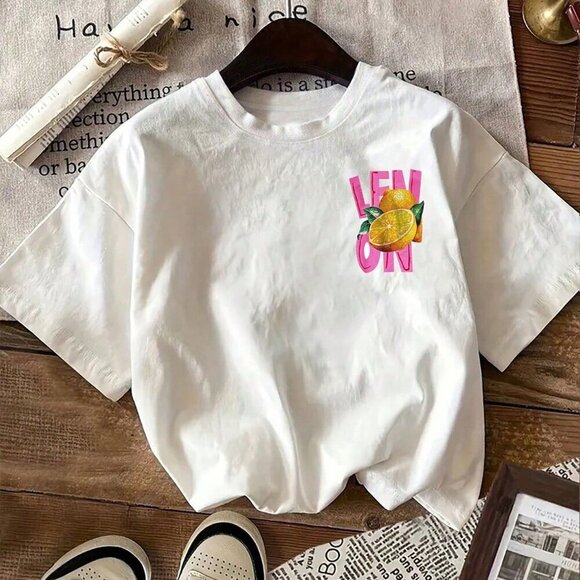 White Casual Women's Lemon Fruit Print Round Neck Short Sleeve T-Shirt - Picture 2 of 5